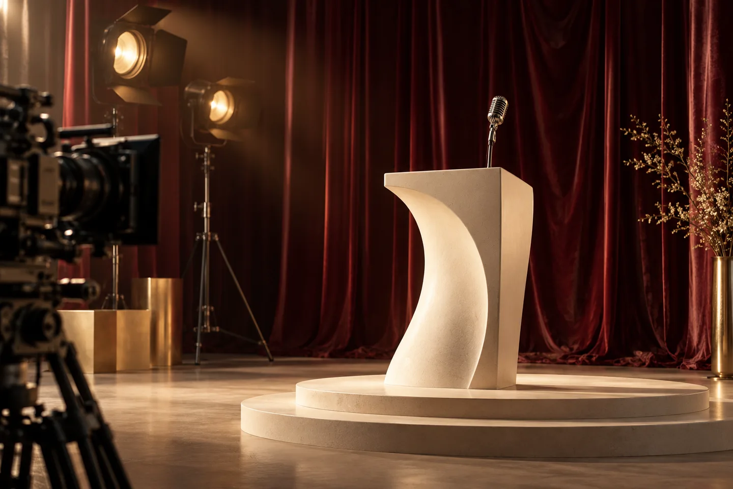 Illustrative campaign set with a microphone, cinema camera and burgundy stage curtains