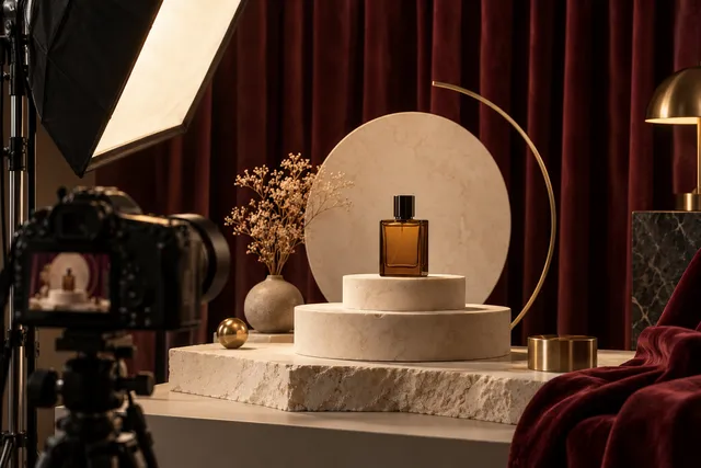 Illustrative product advertising set with a camera and studio lights