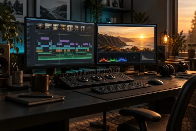 Illustrative film editing and colour grading workspace