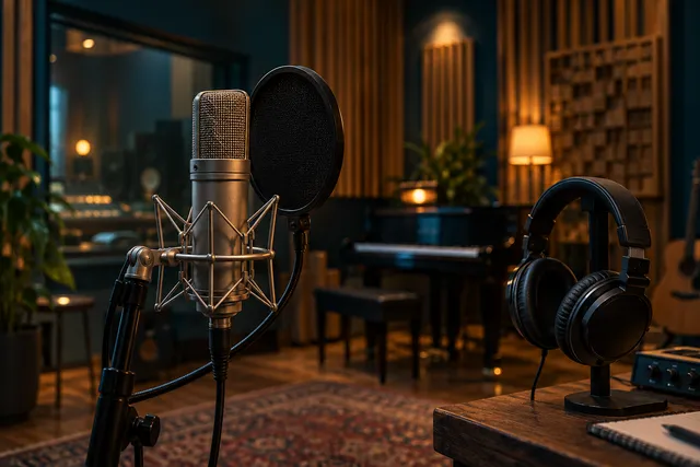 Illustrative recording studio with a microphone and headphones