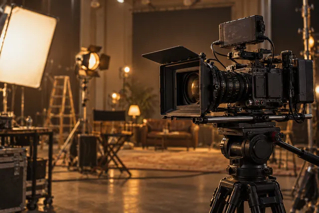 Illustrative cinema camera and lighting on a warm film set