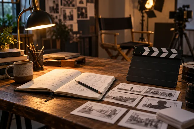 Illustrative screenwriting desk with storyboards and a clapperboard